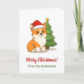クリスマスツリーと赤い帽子をかぶった可愛いコーギー犬 カード (正面)