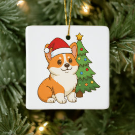 クリスマスツリーと赤い帽子をかぶった可愛いコーギー犬 セラミックオーナメント