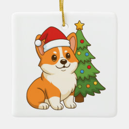 クリスマスツリーと赤い帽子をかぶった可愛いコーギー犬 セラミックオーナメント