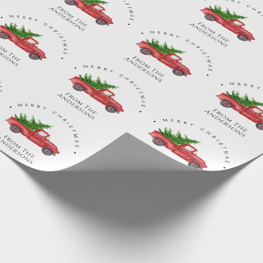 クリスマスツリーと赤い水の色のピックアップのトラック ラッピングペーパー (角)
