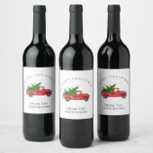 クリスマスツリーと赤い水の色のピックアップのトラック ワインラベル (ボトル)