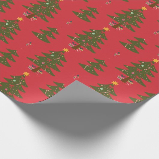 クリスマスツリーと赤い背景の星 ラッピングペーパー (角)