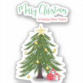 クリスマスツリーと赤プレゼント正方形ステッカー シール (正面)