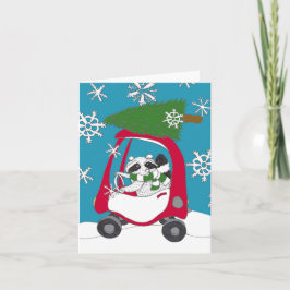 クリスマスツリーと車にアライグマ カード