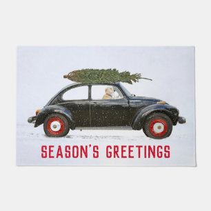 クリスマスツリーと車のゴールデンレトリバー ドアマット