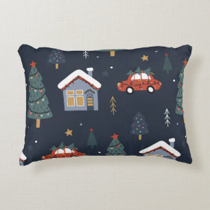 クリスマスツリーと車のシームレスなパターン アクセントクッション