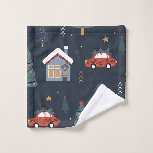 クリスマスツリーと車のシームレスなパターン ウォッシュタオル (ウォッシュタオル)