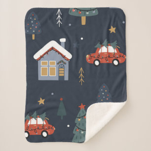 クリスマスツリーと車のシームレスなパターン シェルパブランケット