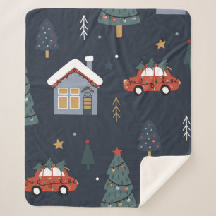 クリスマスツリーと車のシームレスなパターン シェルパブランケット
