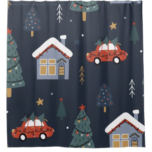 クリスマスツリーと車のシームレスなパターン シャワーカーテン (正面)