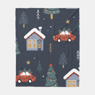 クリスマスツリーと車のシームレスなパターン フリースブランケット