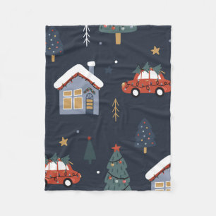 クリスマスツリーと車のシームレスなパターン フリースブランケット