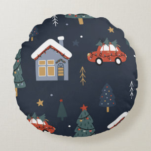 クリスマスツリーと車のシームレスなパターン ラウンドクッション