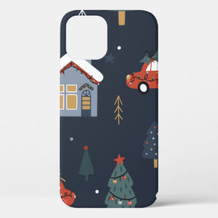 クリスマスツリーと車のシームレスなパターン iPhone 12ケース