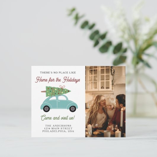 クリスマスツリーと車の写真の休日を移動 案内ポストカード (スタンド正面)
