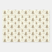 クリスマスツリーと金ゴールドの雪片、セピア、グレー ラッピングペーパーシート (正面2)