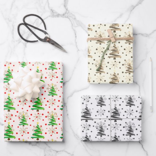 クリスマスツリーと金ゴールドの雪片、セピア、グレー ラッピングペーパーシート (正面)