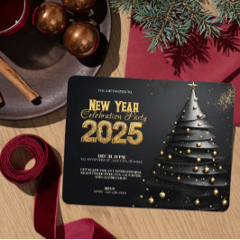 クリスマスツリーと金ゴールドモダンオーナメント新年 招待状