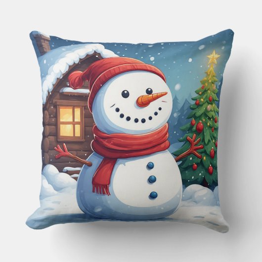 クリスマスツリーと陽気な雪だるま クッション (正面)