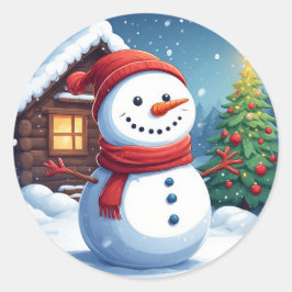 クリスマスツリーと陽気な雪だるま ラウンドシール