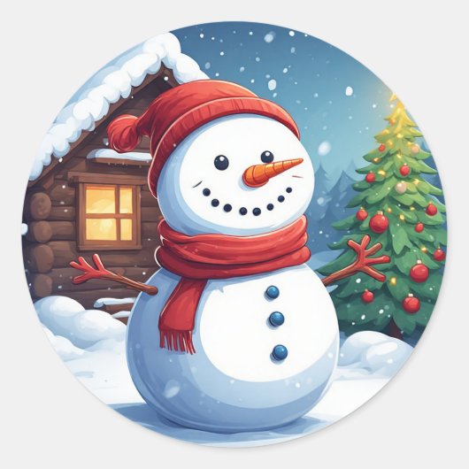 クリスマスツリーと陽気な雪だるま ラウンドシール (正面)
