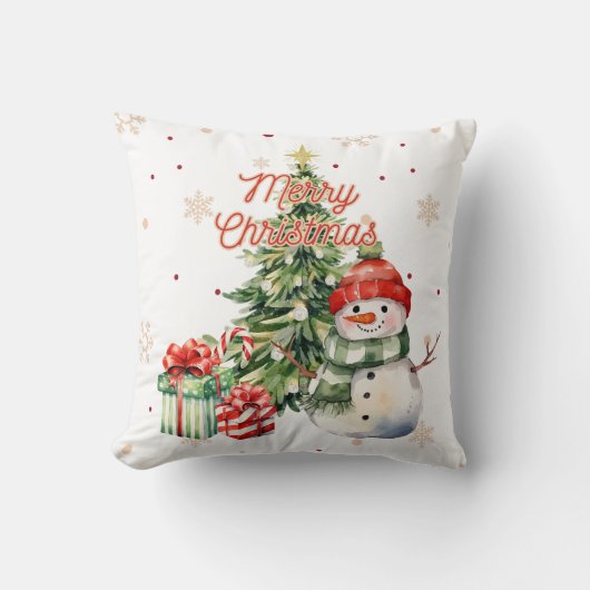 クリスマスツリーと雪だるまとプレゼント クッション (正面)