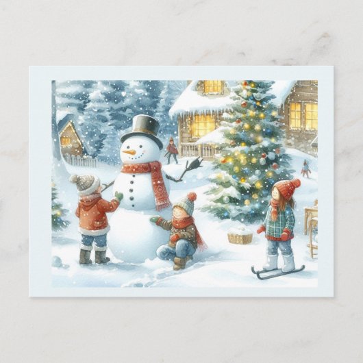 クリスマスツリーと雪だるまの休日 ポストカード (正面)