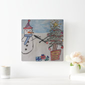 クリスマスツリーと雪だるまの壁掛け時計 スクエア壁時計 (ホーム)