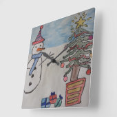 クリスマスツリーと雪だるまの壁掛け時計 スクエア壁時計 (傾斜)