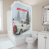 クリスマスツリーと雪だるまを載せたビンテージトラック シャワーカーテン