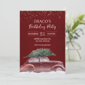 クリスマスツリーと雪のあるヴィンテージカーが誕生日を迎える 招待状 (スタンド正面)