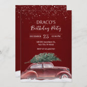 クリスマスツリーと雪のあるヴィンテージカーが誕生日を迎える 招待状 (正面/裏面)