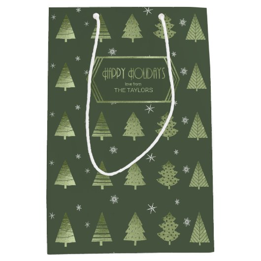 クリスマスツリーと雪の結晶パターングリーンID863 ミディアムペーパーバッグ (正面)