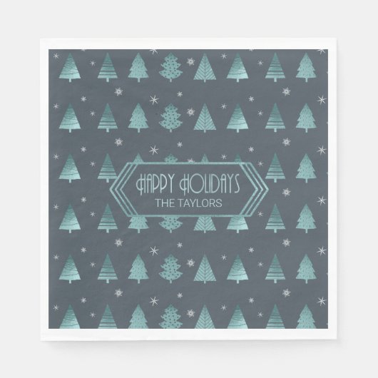 クリスマスツリーと雪の結晶パターンティール（緑がかった色）ID863 スタンダードランチョンナプキン (正面)