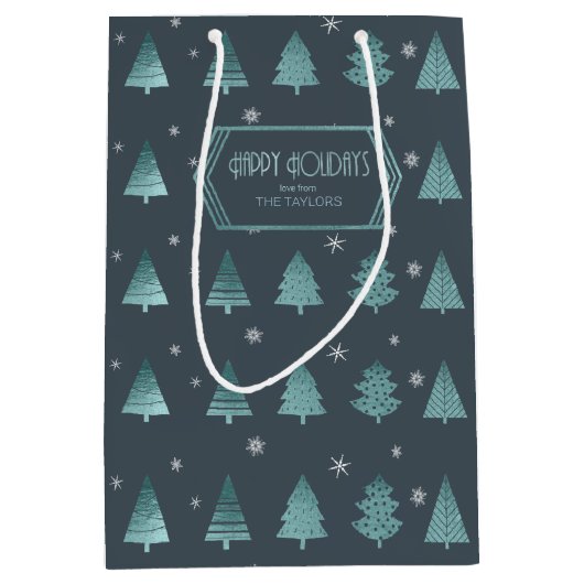 クリスマスツリーと雪の結晶パターンティール（緑がかった色）ID863 ミディアムペーパーバッグ (正面)