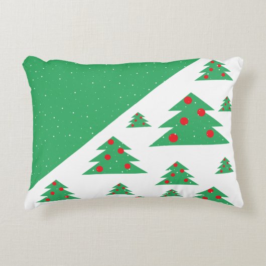 クリスマスツリーと雪の赤い緑のクリスマス アクセントクッション (正面)