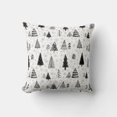 クリスマスツリーと雪片の白黒パターン クッション (正面)
