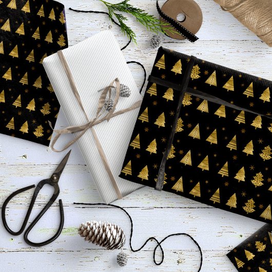 クリスマスツリーと雪片パターン金ゴールドID863 ラッピングペーパー