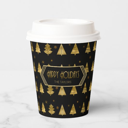 クリスマスツリーと雪片パターン金ゴールドID863 紙コップ (正面)