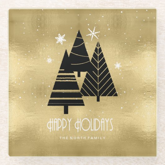 クリスマスツリーと雪片金ゴールドID863 ガラスコースター (正面)