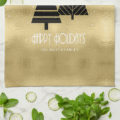 クリスマスツリーと雪片金ゴールドID863 キッチンタオル (折り畳み)