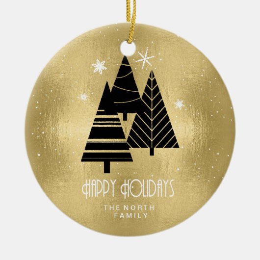 クリスマスツリーと雪片金ゴールドID863 セラミックオーナメント (正面)