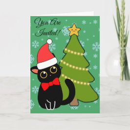 クリスマスツリーと黒猫のクリスマスパーティー招待状 カード