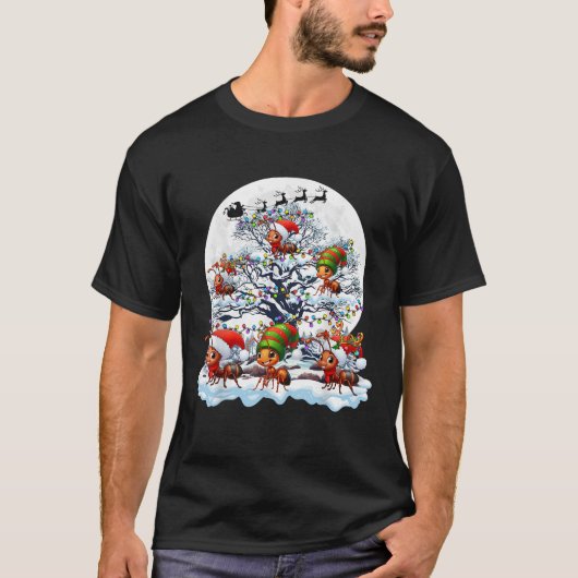 クリスマスツリーにいるサンタトナカイエルフ蟻昆虫 Tシャツ (正面)