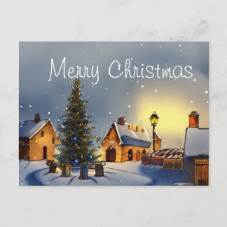 クリスマスツリーに囲まれた村の家 シーズンポストカード