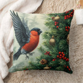 クリスマスツリーに止飾まるブルフィンチ クッション (ブランケット)