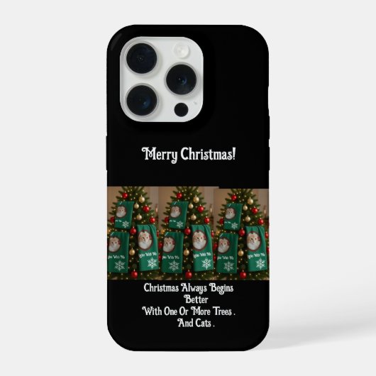 クリスマスツリーに猫のタオル、写真、ユーモア iPhoneケース (裏面)