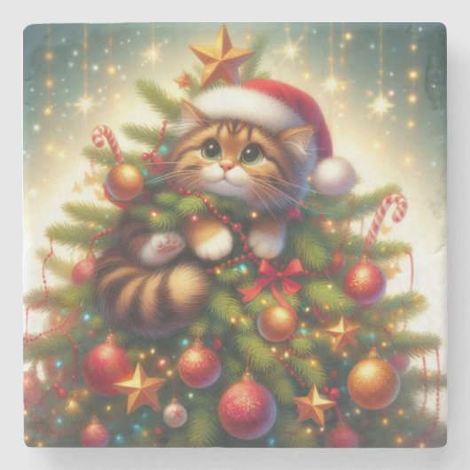 クリスマスツリーに登場するかわいい猫 ストーンコースター (正面)