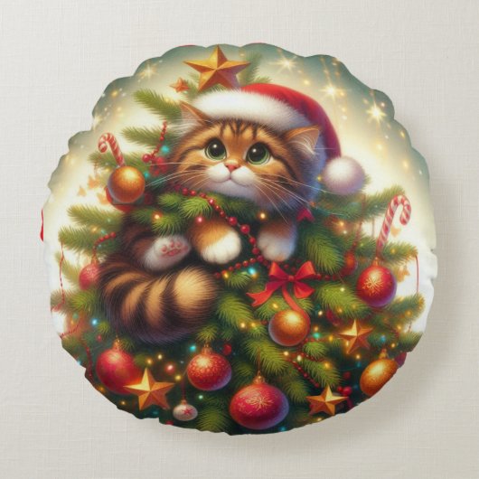 クリスマスツリーに登場するかわいい猫 ラウンドクッション (正面)