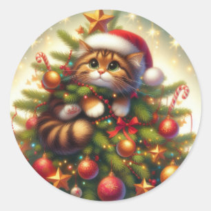 クリスマスツリーに登場するかわいい猫 ラウンドシール